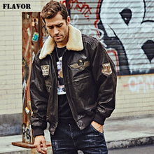 Load image into Gallery viewer, FLAVOR New Men&#39;s Real Leather Bomber Jacket with Removable Fur Collar Genuine Leather Pigskin Jackets Winter Warm Coat Men