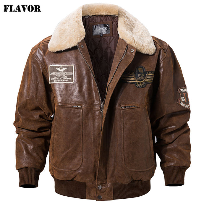 FLAVOR New Men's Real Leather Bomber Jacket with Removable Fur Collar Genuine Leather Pigskin Jackets Winter Warm Coat Men